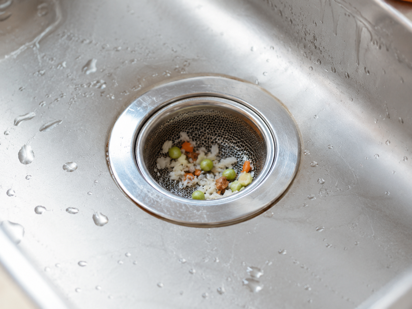 Kitchen sink strainer catching food scraps to help prevent drain clogs